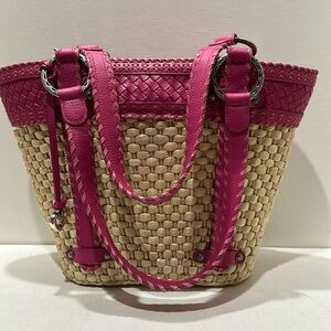 BRIGHTON Structured Rafia & Pink Woven/ Stitched Leather Trim & Handles Tote Bag